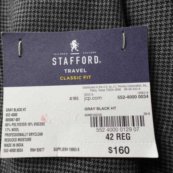 NEW Stafford Blazer Mens 42R Gray Check Wool Classic Fit Sport Coat Jacket Suit - Picture 4 of 16